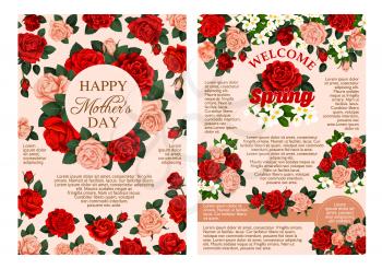 Mothers Day and Spring time season holiday greeting cards or posters of red flowers bunches. Vector blooming garden roses and flourish lily or crocus blossoms bunch fame retro design