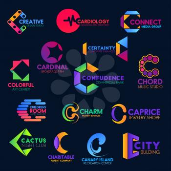 Letter C icons, business company corporate identity abstract geometric design. Vector C symbols, creative music studio, cardiology clinic or media group and brokerage firm, jewelry shop and night club