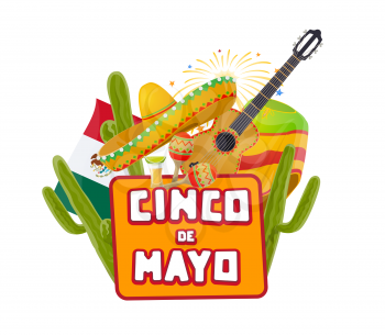 Cinco de Mayo Mexican party celebration fireworks and cactuses. Vector Mexico 5 May holiday or Cinco de Mayo fiesta tequila, sombrero hat and guitar with maracas and poncho in Mexican flag