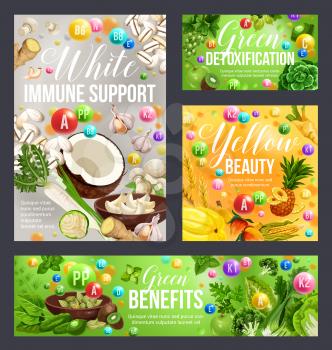 Color diet health benefits of white, green and yellow food. Vitamin fruits and vegetables, spices, herbs and cereals, detoxification, beauty and immune support healthy nutrition plan vector design