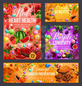 Red, orange and purple color diet vitamin food. Healthy nutrition vector design of vegetables, fruits and berries, spices and condiment. Heart health, longevity and cancer prevention vegan ingredients