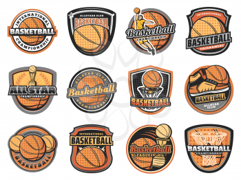 Basketball sport game vector icons with halftone orange balls, basket hoop and team player, winner trophy cup and sneakers. Basketball club, championship tournament or sport league symbols design