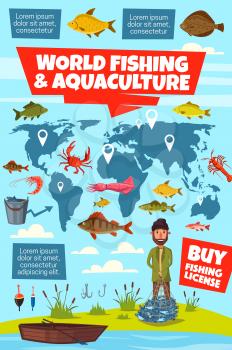 World fishing and aquaculture vector infographics. Fisheries map with fish stocks pointers, fisherman with net, fish catch, fishing boat and equipments, perch, bass and cod, trout, carp and bream