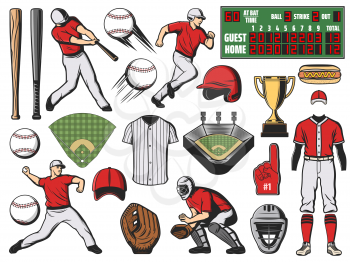 Baseball sport team players and softball game items. Bats, balls and base, trophy cup, stadium field and pitcher glove, batter uniform cap, helmet and jersey, homeplate and scoreboard vector icons