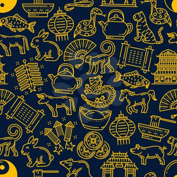 Chinese lunar calendar horoscope animals and Asian New Year holiday symbols seamless pattern background. Vector dragon, pig and lucky coin, firecracker, monkey and tiger, lantern, pagoda and carp