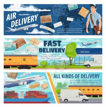 Postal service mail delivery, transporting letters or parcels vector design. Postman or courier with road, air freight, railway and marine shipping transport, airplane, container ship, truck and train
