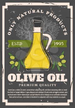Oil bottle with olive tree and branches of green fruits. Vegetable cooking oil jug, extra virgin food product retro poster. Mediterranean cuisine seasoning ingredient of organic farm vector design