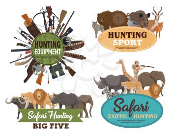Hunting sport vector badges with animals, hunter guns and equipments. Huntsman rifle, bear and african safari elephant, wolf, lion and boar, binoculars, compasses and knife, hunting club round banners