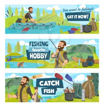 Fishing sport banners with fisherman, boat and rod. Fisher camp on river with fishing tackle, hook and fish, tent, spinning and boots, perch, trout and carp. Outdoor activity and hobby vector