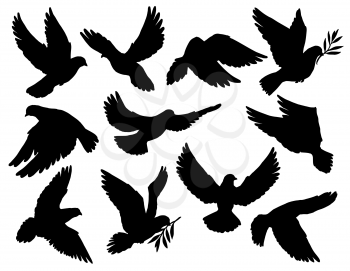 Dove silhouettes with olive branch, peace symbol. Vector pigeon with spread wings flying with laurel stem in beak. Holy bird in Christianity, freedom and purity, flight of animal poses isolated