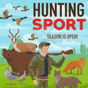 Hunter with gun or rifle, hunting sport poster. Huntsman in ammunition and prey, hunt season. Bear and antelope, goose and grouse with ducks flock, fox and lynx, forest animals and birds vector