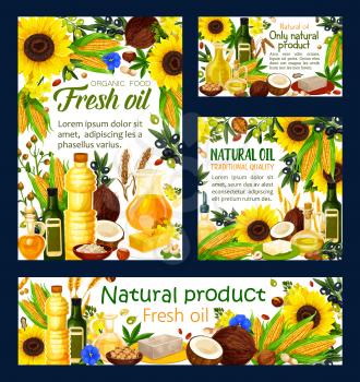 Oil of natural products, cooking ingredient. Olive and hemp, sunflower and peanut, healthy food, corn and coconut, wheat and walnut, rapeseed. Bottles and jug, butter and margarine on plate vector