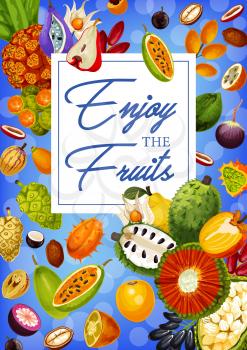 Exotic natural fruits, grocery store or market products. Vector durian and soursop, mangosteen and quince, sapodilla and sugar apple. Ackee and akebia, noni and peppino, longkong and pandaus, caimito