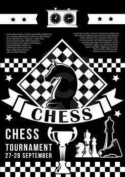 Chess tournament or championship, game pieces and timer. Vector monochrome knight and chessboard with trophy cup, king and queen, bishop and pawn, rook or castle. Award or reward, intellectual contest