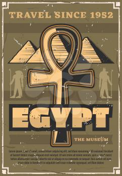 Travel to Egypt, Great pyramids and coptic cross. Vector ancient Gods silhouettes, Ra and Anubis, historical museum of antique relics. Landmarks and culture, country exploration and world discovery