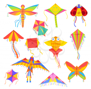 Kites in shape of bird, fish or insects, entertainment and active pastime. Vector toy of paper or fabric, butterfly and dragonfly, ladybug. Flying objects, childish game, summer festival, isolated