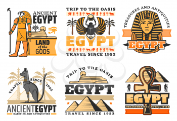 Egypt travel icons, Egyptian gods and landmarks. Vector Great pyramids and Sphinx, Ra and Pharaoh king, cat and coptic cross. Scarab and palm trees, luxor treasures, ancient civilization, isolated