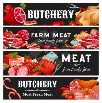 Meat products and sausages, butchery shop banners. Vector farm grocery store food of pork bacon, ham or pepperoni and salami, smoked beef brisket or cervelat and meaty delicatessen gastronomy