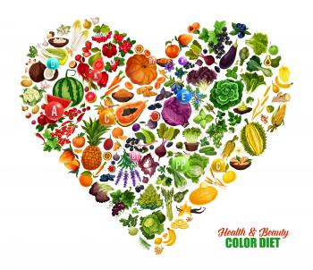 Color diet heart poster of fruits, vegetables and nuts healthy food and vitamins. Vector color diet organic natural nutrition green detox salads, heart health berries, cancer prevention orange citrus
