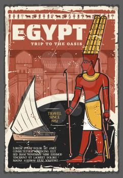 Egypt travel and tourist tours on Nile vintage poster. Vector travel agency trips, ancient Egyptian pharaoh and felucca boat, Egypt historic landmarks and sightseeings