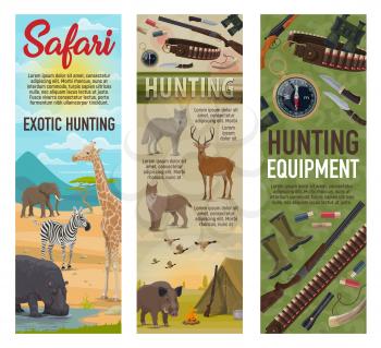 African Safari hunting, forest hunt and savanna animals trophy with hunter ammo. Vector elephant, zebra or giraffe and hippopotamus, traps and carbine rifle guns, wold or deer and boar with ducks