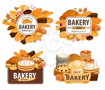Bakery shop, patisserie pastry and baker desserts. Vector wheat and rye bread loaf, pancake and gingerbread biscuits, donut and chocolate pies with ciabatta bagel or bun and muffins