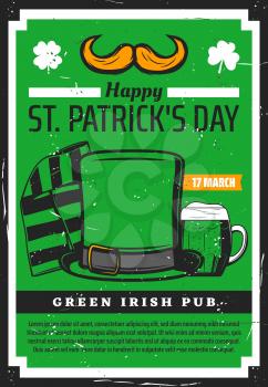 St Patrick day holiday green vintage poster of Irish beer pub. Vector Saint Patrick Ireland holiday shamrock lucky clover leaf, leprechaun hat and mustaches with scarf and ale beer pint mug