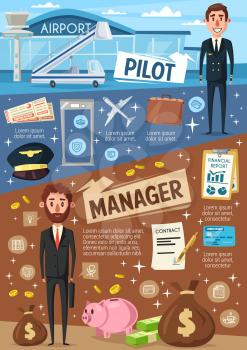Pilot and business manager profession. Vector aviation and commerce people with work items, pilot crew or airport staff and flight attendant, company director or office worker with money investments