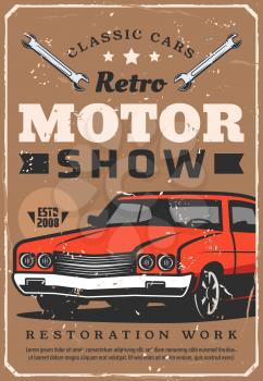Retro motors show, vintage cars museum exhibition or club. Vector grunge poster or collector old vehicle with wrenches, automotive restoration works and mechanic maintenance service