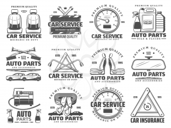 Car repair, automotive vehicle diagnostics service icons. Vector auto parts shop, automobile restoration garage station oil fluids change, car insurance and tow truck, engine coolant and radiator