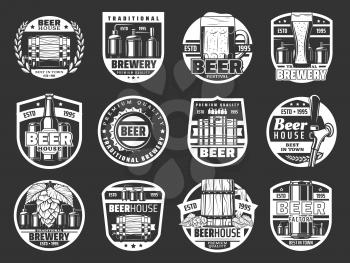 Beer brewery pub and bar icons of craft pint mugs and bottles with hop and malt. Vector brewing company production factory and Oktoberfest festival beer barrel