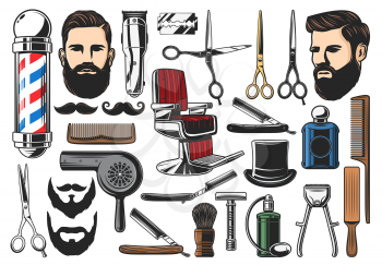 Barber tools, barbershop and hairdresser equipment, beard or mustache shave and haircut. Vector barber shop chair, pole signage, scissors and shaving brush, hair clipper and razor, dryer and comb