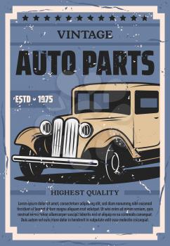 Vintage automobile spare parts store or shop poster. Vector retro car diagnostic or repair station, automotive mechanic garage service
