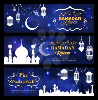 Ramadan Kareem and Eid Mubarak banners for Muslim religious holiday greeting card. Vector white mosque silhouette with minarets, lanterns or crescent moon and twinkling stars with Arabian writings