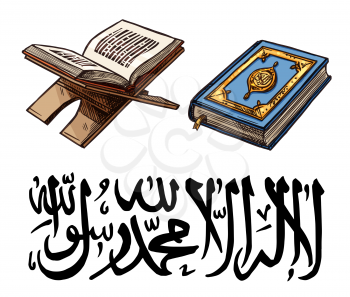 Islam religion Holy Quran sketch for Ramadan Kareem celebration. Muslim book with bookmark on stan for Eid Mubarak and arabic calligraphy font. Religious text from islamic world vector isolated