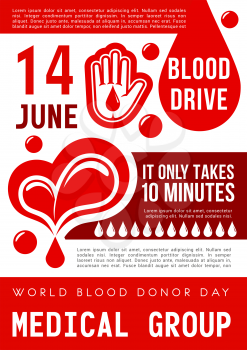 World Blood Donor Day of 14 June poster. Blood donation banner with blood drop, heart and helping hand for transfusion clinic or medical charity volunteer center promotion design