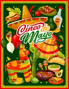 Cinco de Mayo Mexican holiday vector greeting card with fiesta party food and drink. Sombrero, cactus and maracas, tequila, chilli tacos and nachos, avocado guacamole, lime, pinata and balloons