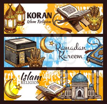 Islam religion Ramadan Kareem, muslim sacred Koran book and muslem mosque sketches.Crescent moon, arabian lantern and Kaaba masjid of Mecca, rosary beads and hamsa amulet. Vector design