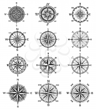 Compass symbols and signs, isolated vector marine navigation elements. Rose of wind heraldic monochrome signs with world sides, north and south, west and east. Geography and cartography, map