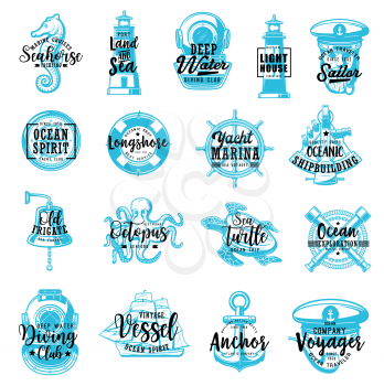 Nautical and marine icons with lettering, heraldry. Vector seahorse and lighthouse, diving and captain sailor, compass and lifebuoy. Steering wheel and deck bell, octopus and turtle, spyglass and ship