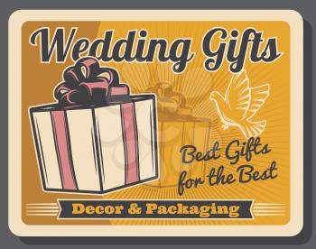 Presents, wedding gifts, marriage ceremony or anniversary decor and packaging. Vector box with ribbon and bow, white dove or pigeon silhouette. Decoration and packing services of holiday event