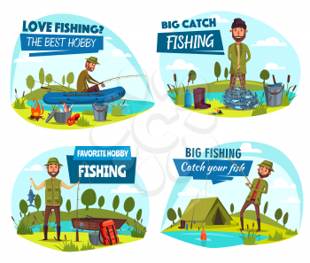 Fishing sport, fisherman and equipment. Vector boat and rod, hook and bait, camping tent and campfire, backpack and fish in net, cauldron and gumboots. Outdoor fishery activity