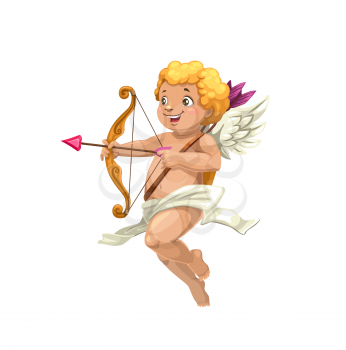 Cupid with heart, arrows and bow vector greeting card of Valentines Day or wedding. Cute cherub or little Amur flying and aiming at someone, god of love, desire and attraction cartoon design