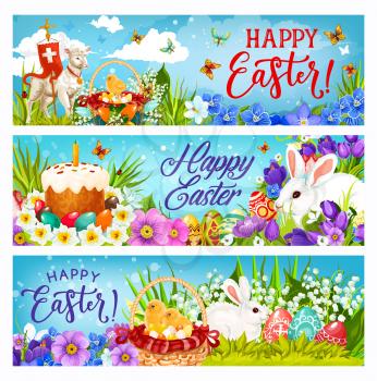 Happy Easter bunnies, eggs and chicks vector greeting banners of religion holiday celebration. Spring flower baskets with Easter cake, white rabbits and green grass, lamb of God, cross and daffodils