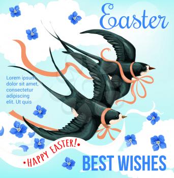 Happy Easter Holidays poster with spring bird. Swallow flying in blue sky with ribbon bow and banner with wishes of Happy Easter for festive card design, decorated by forget-me-not flower