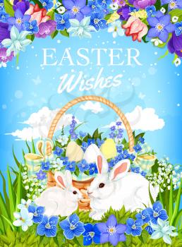 Easter egg basket with bunnies and spring flower frame vector design. White rabbits and painted eggs, christian religion holiday greeting card, decorated with green grass, daffodils and tulips