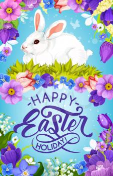 Easter bunny vector greeting card of christian religion holiday. White rabbit in floral frame of spring flowers, daffodils, tulips and green grass, crocus, lily of the valley and butterflies