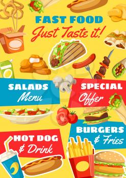 Fast food vector menu. Vector soda drink, salads and hot dog, burger and french fries, mexican taco and chinese noodles, enchiladas and barbecue. Onion rings and doner, nuggets and burrito