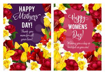Happy Mother day greeting cards floral design of blooming flowers for seasonal holiday wish. Vector Mother day springtime red, pink and purple spring flowers bunches of blooming poppy or hibiscus