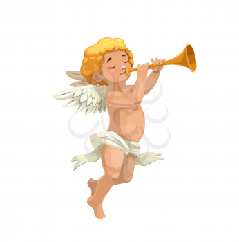 Cupid angel playing pipe vector design of Valentines Day holiday or wedding celebration greeting card. Amur or Eros, god of love and desire cartoon character with wings and flute